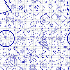 seamless New Year pattern blue doodles on checkered paper like in a notebook