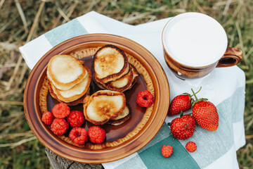 Summer picnic with pancakes, jam, berries and milk in nature. Sweet summertime, vacation, outdoor recreation, countryside concept.