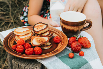 Summer picnic with pancakes, jam, berries and milk in nature. Sweet summertime, vacation, outdoor recreation, countryside concept.