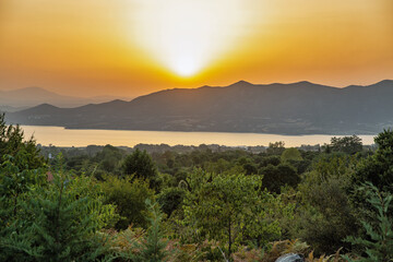 Polyfytos artificial lake sunset in Greece.
