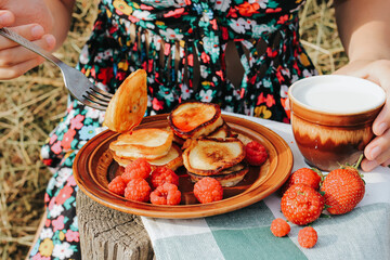 Summer picnic with pancakes, jam, berries and milk in nature. Sweet summertime, vacation, outdoor recreation, countryside concept.