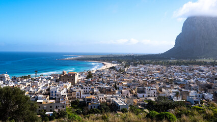 View of San Vito Lo Capo, Sicily, Italy. Town with sea and Monte Monaco.