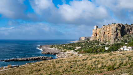 View of Macari. San Vito Lo Capo, Sicily, Italy. Sea, cliff and tower.