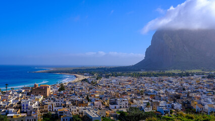 View of San Vito Lo Capo, Sicily, Italy. Town with sea and Monte Monaco.