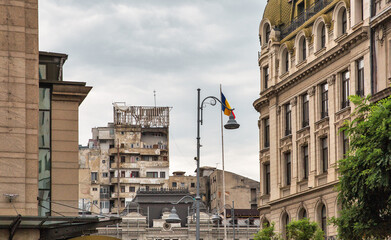 Dilapidated multi storey residential building in city center. Bucharest, Romania.