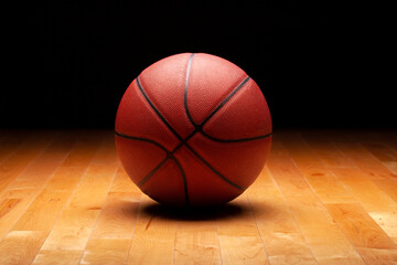 Basketball with spot lighting on hardwood maple basketball court floor