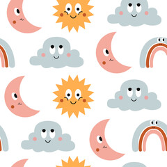 Colorful seamless pattern of funny cartoon icons sun, cloud, moon and rainbow isolated on white background. Cute vector characters illustration