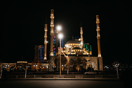 Grozny City. night view of the city is formidable. mosque. New Year in the city of Grozny