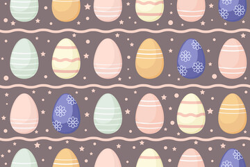 Decorated Easter eggs on dark background, linear seamless pattern. Easter background. Design for textiles, packaging, wrappers, greeting cards, paper, printing. Vector illustration