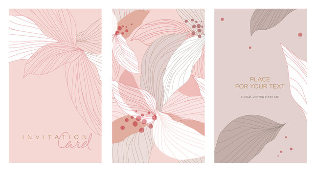 Wedding invitation in the botanical style. Pink abstract flowers and leaves drawn by a line. Background for the invitation, shop, beauty salon, spa.