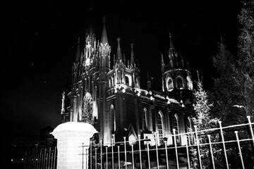Beautiful antique Catholic church at night
