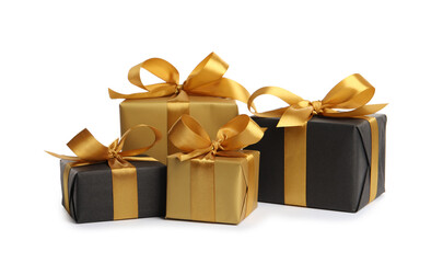 Many beautiful gift boxes on white background