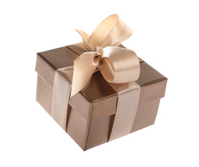 Beautiful gift box with ribbon and bow on white background