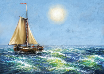 Fototapeta na wymiar Fishing boats. Oil painting sea landscape. Fine art.