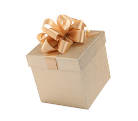Beautiful golden gift box on white background