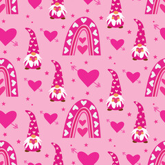 Pink boho rainbow seamless pattern with valentines gnomes and hearts on pink plush background 