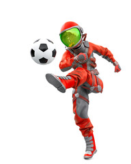 Fototapeta na wymiar astronaut girl is kicking the football ball