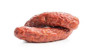 Smoked pork sausages on white background.