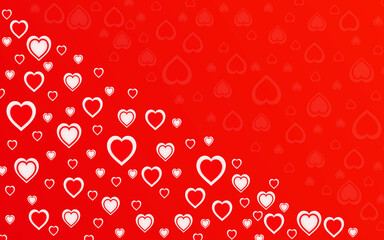 Valentine's day red hearts bokeh background. Red white hearts with confetti, sparkles, dust and lettering love and happy on red background. Vector illustration for Happy Valentines Day.