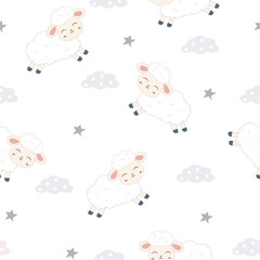 Kawaii cute sheeps seamless pattern design for scrapbooking, decoration, cards, party, paper goods, background, wallpaper, wrapping, fabric and all your creative projects