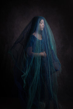 Classic studio portrait of a woman in a dark dress under blue veil