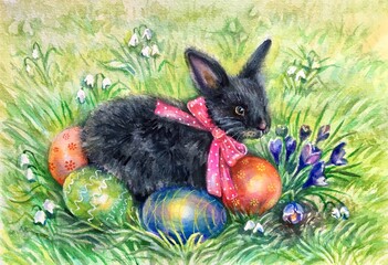 Watercolor easter bunny and easter eggs on green grass. Bunny hiding in meadow. Decorative eggs - green, blue, orange. 