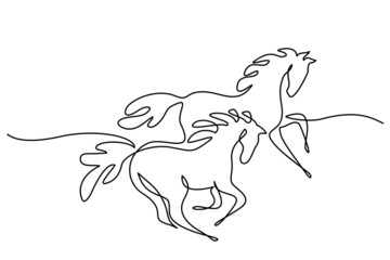 Galloping horses. Continuous one line drawing. Horse logo.