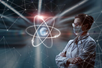 A woman in a mask in uniform looks at an atom on a blurred background.