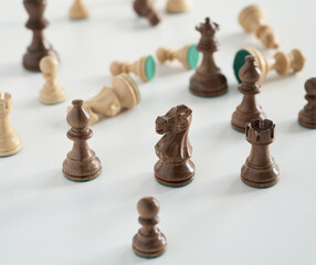 Chess pieces are arranged on a white background, quality solid wood pieces. Chess piece knight, pawn rook king officer queen
