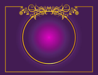 Wedding invitation card vector with golden ornament frame and tree branches on solid and light purple pink color background