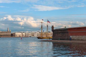 vintage sailing ship moored on the Neva in the center of the Russian city of St. Petersburg, Russia