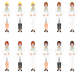 Female doctors standing hands on hips, various clothing and hair colours, with masks