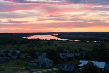 sunset, sky, sun, clouds, north, arkhangelsk, river, onega, turchasovo village,