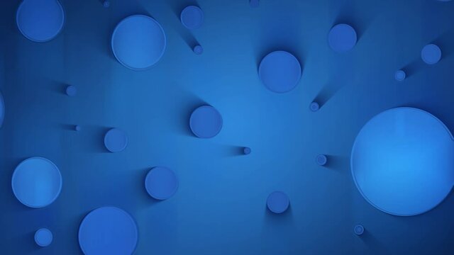 Abstract seamless loop of blue circle shapes with moving shadow. Blue color circles in motion. Abstract shining light background.