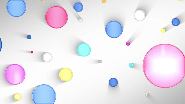 Abstract colorful seamless loop background. Circle shapes with moving shadow. Color circles in motion. Abstract shining light background.