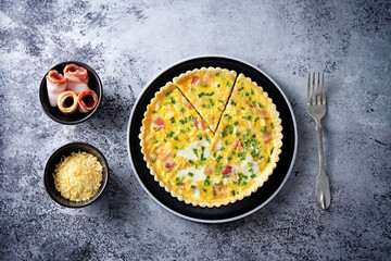 Chicken bacon quiche with scallions in a plate