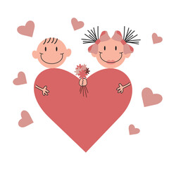 Cartoon girl and boy fall in love with each other. Bouquet of flowers and a huge heart, Valentine s day vector design concept. Love story of a couple in love.