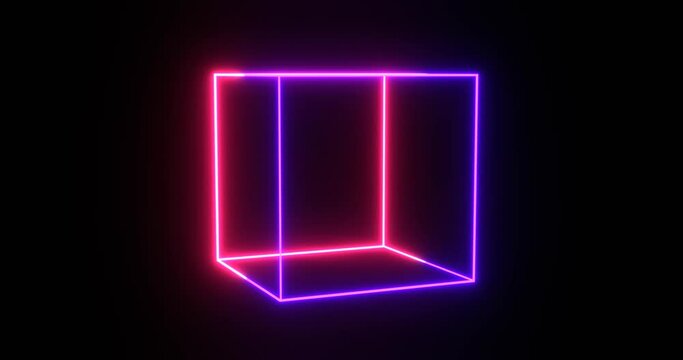 Neon cube frame. Purple square magenta grid with magical glow 3d render in dark space. Geometric portal with simple futuristic cross section and purple backlighting