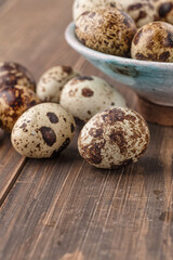Quail eggs on the wooden plate. Quail eggs can be consumed by frying or boiling. In Indonesia quail eggs called telur puyuh.
