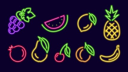 Colorful neon glowing fruits one line. Slice of watermelon with red pomegranate and sprig of cherries. Yellow banana with bunch of blue grapes. Digital design for nightlife vector signage © IRYNA