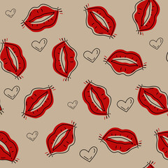 Vector. Cute seamless love pattern with hand drawn contours of hearts and red lips. Cartoon style sketch. Design template for postcard, print, poster, party, Valentine's Day, textile, wrapping paper.