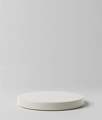 3d rendering of a simple, white cylinder podium on light gray background. Presentation mock up.