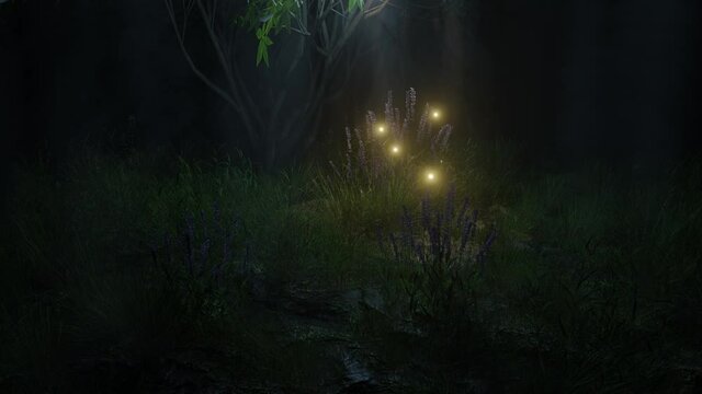 3d rendering of a fabulous forest with purple flowers and fireflies