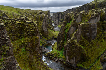 Beautiful aerial view of the Fjadrargljufur Canyon in Iceland on summer