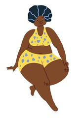 Afro woman sitting and smiling clothed in nightdress pajama - shorts and bra. Vector illustration in trendy flat hand drawn design. Black skin character isolated on white background.