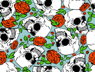 Skull and flower pattern seamless. Hand drawing Skeleton and roses background. Flower death texture