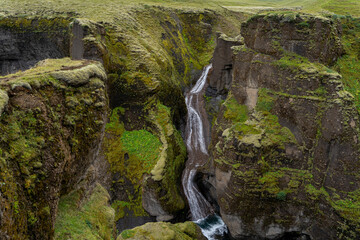Beautiful aerial view of the Fjadrargljufur Canyon in Iceland on summer
