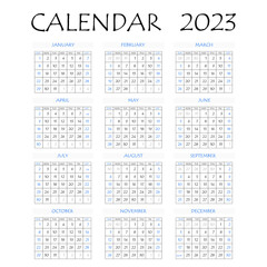 2023 calendar planner. Corporate week. Template layout, 12 months yearly, white background. Simple design for business brochure, flyer, print media, advertisement. Week starts from Monday