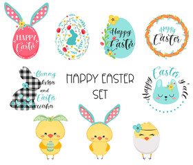 Happy easter set with eggs, flowers, chicks and bunny. Vector illustration