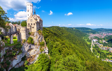 Lichtenstein Castle on mountain top in summer, Germany, Europe